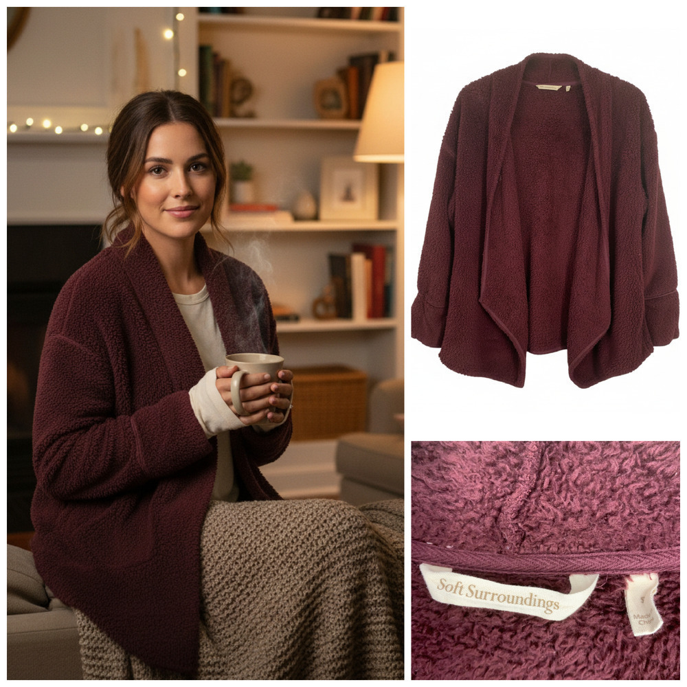 Soft Surroundings Teddy Fleece Drape Snap Jacket Burgundy Sz S Pockets 2CV88